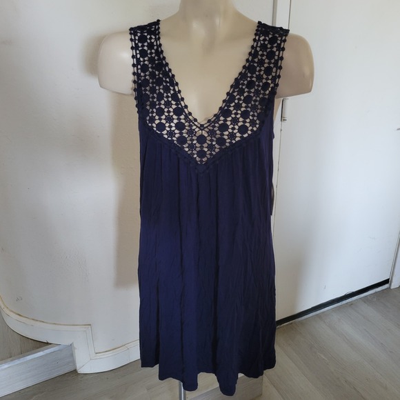 Kenneth Cole Reaction NEW Navy Crochet Neckline Sleeveless Dress Beachy coastal - Picture 1 of 9